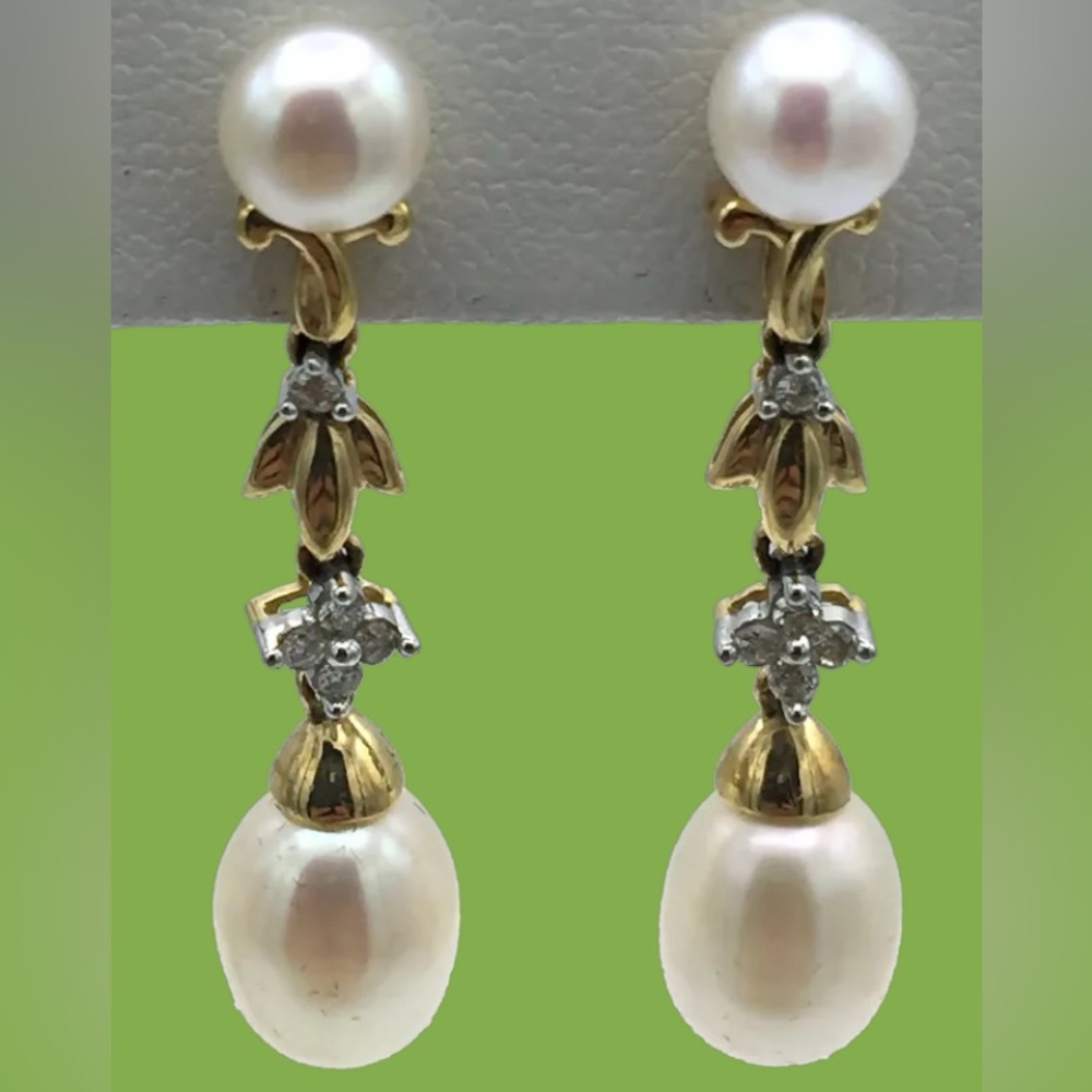14k Real Diamonds 06k Pearl Dangle Earrings